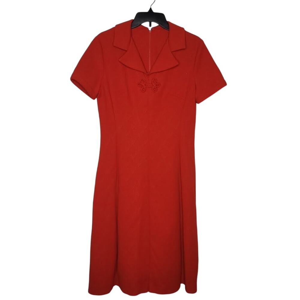 1960s LARGE/XL Vintage Polyester Red Fit Flare Dress Short Sleeve Union Textured